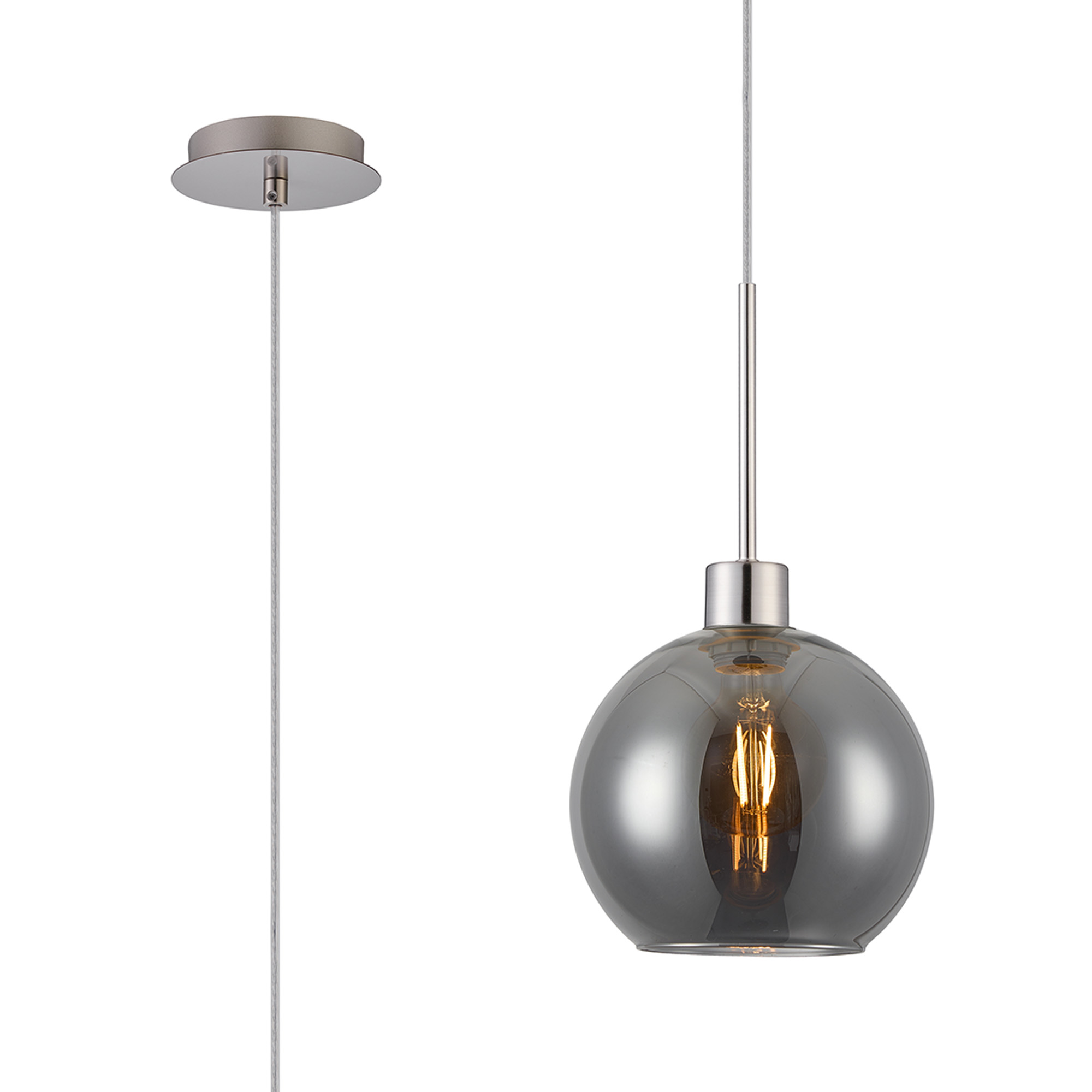DK1356  Lori 1.7m Single Pendant, 1 Light Adjustable E27, Satin Nickel/Smoke Open Mouth Round Globe Shades